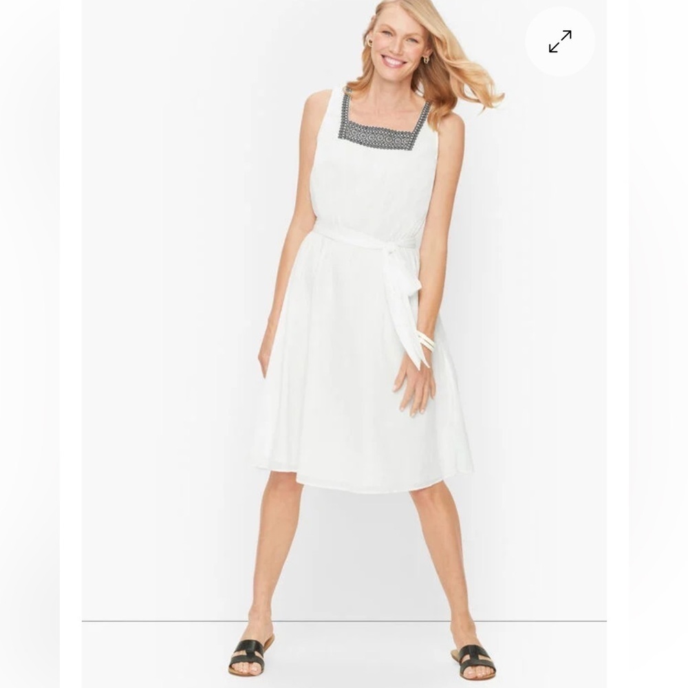 Talbots Elegant White Cotton Gauze Dress with Black Embroidered Accents - 2P
